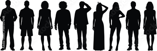 Group of diverse men and women silhouettes standing in different poses, anonymous people collection isolated on white background, social diversity and community concept illustration