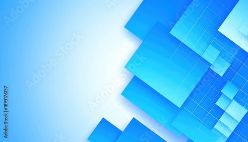 White background with abstract three-dimensional blue and light blue square patterns.