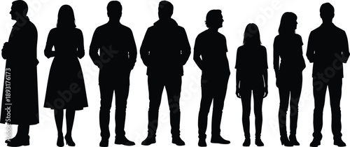 Group of diverse men and women standing silhouettes in casual poses isolated on white background, representing people, teamwork, society, and modern lifestyle concepts