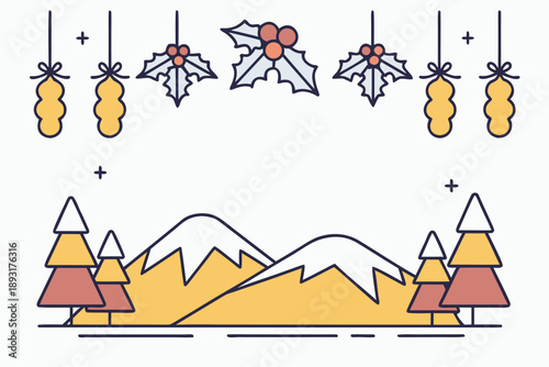 Minimalist vector illustration of a festive christmas holiday landscape scene. featuring hanging holly, berries, and ornaments above snow-covered mountains with evergreen trees.