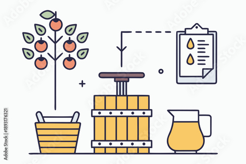 Minimalist vector illustration of traditional apple cider making process with fruit harvesting and pressing