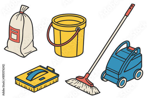 Vector illustration set of household and janitorial cleaning supplies, including broom, bucket, vacuum cleaner, scrubbing brush, and trash bag for sanitation.
