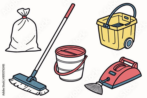 Set of household cleaning tools vector illustration, including mop, bucket, garbage bag, vacuum cleaner, and caddy for cleaning service or chores theme.
