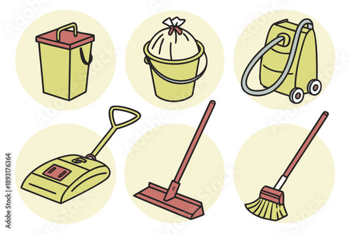 Simple vector illustration set of household cleaning supplies, featuring six icons including broom, dustpan, vacuum cleaner, garbage can, and mop, ideal for housekeeping and sanitation themes.