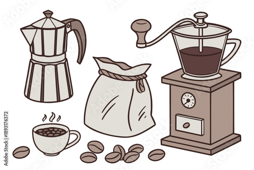 Vintage coffee making tools - moka pot, coffee grinder, and coffee beans