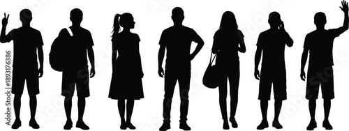 Group of standing people silhouettes in different casual poses, men and women waiting, walking, waving and talking isolated on white background, urban lifestyle, social interaction concept