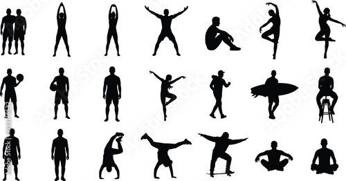 Human silhouette collection showing yoga, fitness, sports, dance and lifestyle poses isolated on white background for design, health, wellness and activity concepts
