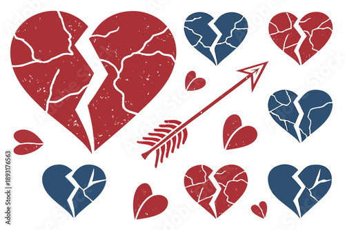 Broken heart vector illustrations: symbolizing love loss, heartbreak, and relationship endings with red and blue cracked hearts and cupid's arrow