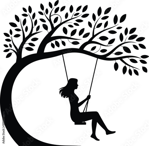 Silhouette of a young woman with long flowing hair swinging joyfully on a rope swing suspended from a large, leafy tree branch in a peaceful outdoor setting