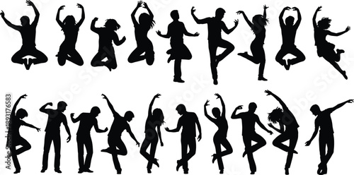 Jumping dancing people silhouettes in dynamic poses, isolated on white background, representing freedom, celebration, happiness, party energy, music lifestyle, youth movement, and joyful expression