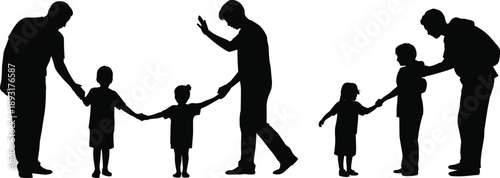 Silhouettes of fathers holding hands with their children walking together in a line family