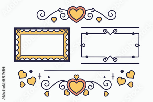 Set of decorative vector frames and ornaments with hearts and swirls, ideal for invitations and greetings