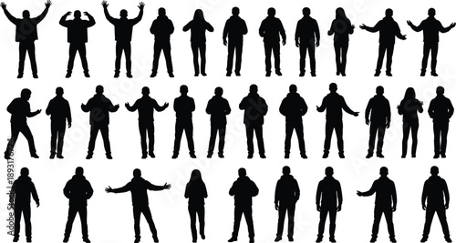 Large Collection of Male and Female Standing Silhouettes Showing Different Gestures and Body Language, Communication, Presentation, and Social Interaction Concept, Isolated on White Background