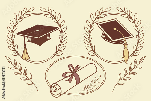 Vintage style vector illustration of graduation symbols: mortarboards and diploma scroll with laurel wreaths