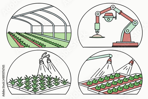 Smart farming and precision agriculture vector illustration set. modern automated greenhouse technology with robotic arm and irrigation systems for crop production.
