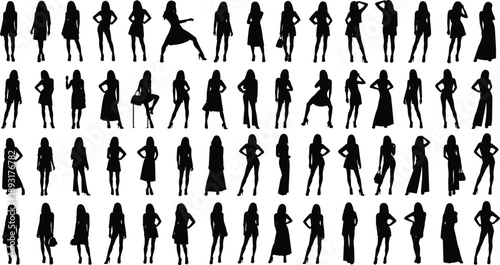 Large collection of stylish female silhouettes showing fashion poses, confident body language, and modern outfits, representing elegance, modeling, beauty, and lifestyle on white background