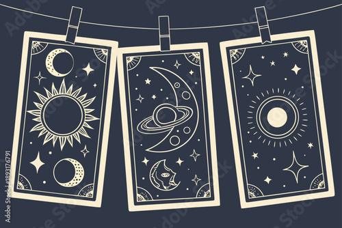 Mystical celestial tarot card vector illustration set with sun moon and stars. spiritual occult background art.