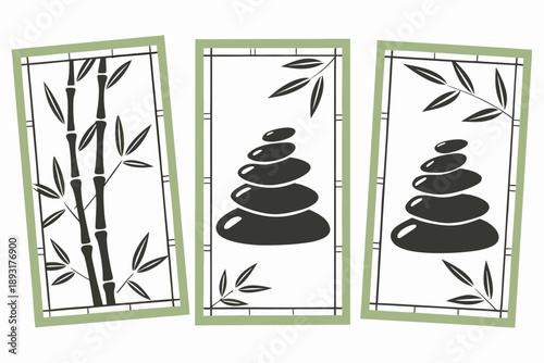 Minimalist zen art vector panels featuring bamboo stalks and stacked stones for spa and wellness decoration