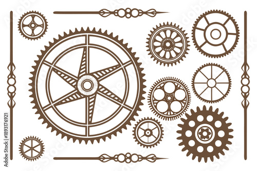 Steampunk gears and cogwheels vector set with ornamental dividers. vintage mechanical industrial illustration collection for design.