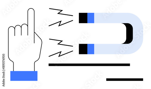 Business growth, attraction, leadership, influence, magnetism, energy. Hand with finger pointing towards a magnet emitting energy. Business growth and leadership concept