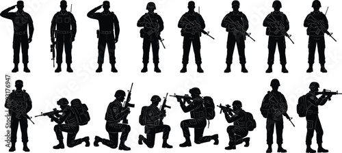 Military and special forces soldier silhouettes set featuring armed troops in tactical gear, standing and kneeling combat poses, army security and defense concept isolated on white background