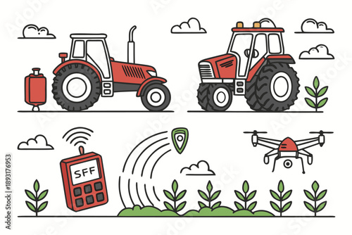 Modern smart farming vector set: tractors, drone, remote control, and sprayer for agricultural technology and innovation