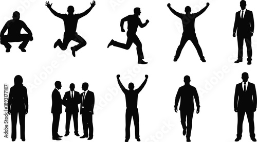 People silhouette collection showing jumping, running, standing and business teamwork poses isolated on white background for success, motivation, leadership and lifestyle concepts
