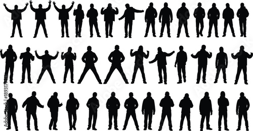 People silhouette collection showing standing male figures with different gestures and poses isolated on white background for lifestyle, fashion, character design and presentation concepts