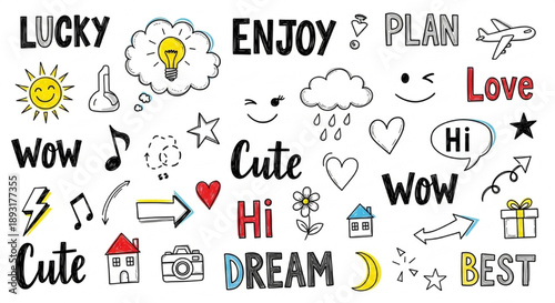 Cute Hand Drawn Emoticons and Symbols on White Background