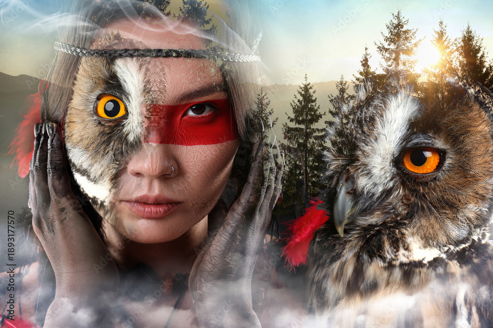 Obraz premium Shaman woman with her animal spirit in nature. Girl in native American Indian headdress, double exposure with owl