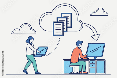 Cloud computing and data transfer vector illustration showcasing individuals utilizing online storage, information synchronization, and digital document access.