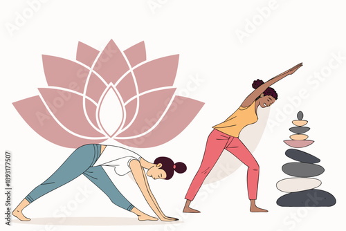 Diverse women practicing mindful yoga poses for health, balance, and inner peace in a serene, stylized vector illustration with lotus flower and balancing stones for wellness and relaxation