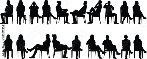 Seated people silhouettes collection showing men and women sitting on chairs in relaxed, waiting, thinking and casual poses isolated on white background vector illustration set