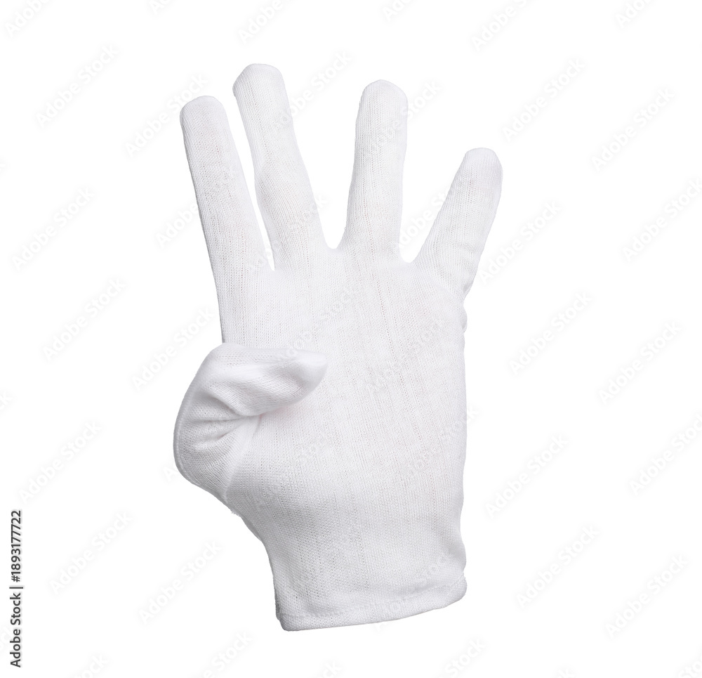 Obraz premium Hand in cloth glove showing number 4 isolated on white