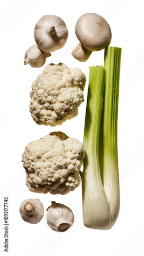 Veggies Garlic, mushrooms, cauliflower, celery on black, organic, healthy