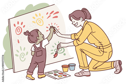 Joyful child and adult engaging in finger painting, creating colorful handprints on a large canvas. fun artistic activity for early childhood education and creative development. vector illustration.