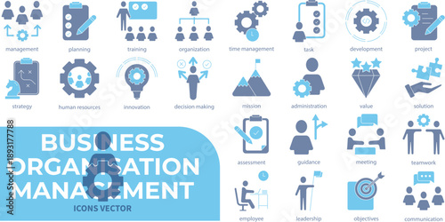 A collection of Business or organisation management icons set. Contains icons for groups.management,planning,training,organization,project,strategy. Vector illustrations of company icons.