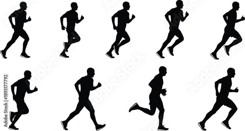 Set of Black Male Runner Silhouettes in Different Running Stages, Showing Jogging, Sprinting, and Athletic Motion, Representing Fitness, Cardio Training, Speed, Endurance, and Active Lifestyle Concept