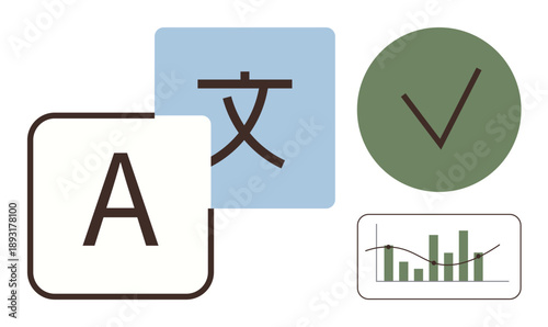 Language services, translation tools, globalization, data analysis, business strategies, multilingual communication. Letter and symbol elements with a chart. Language services and translation tools