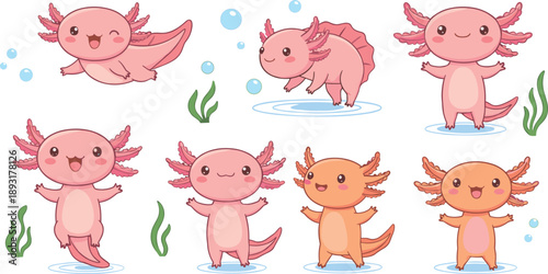 Set of cute axolotl cartoon vector illustrations in playful poses representing aquatic animals, underwater life and kids design concepts