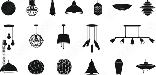 Modern ceiling lamp icons collection featuring pendant lights, chandeliers, geometric lighting fixtures, minimalist silhouettes for interior design and home decor illustrations