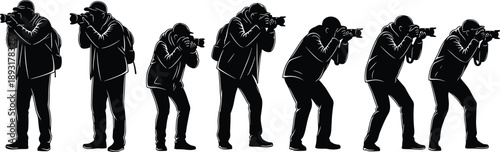 Photographer silhouette collection capturing professional cameraman poses with DSLR cameras, journalism, paparazzi, media coverage, reportage and creative photography concept