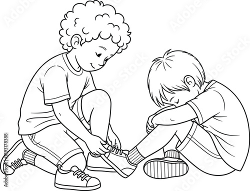 Kind boy helping sad friend tie shoelaces illustration showing empathy, friendship, childhood support, caring behavior, and emotional connection, isolated on white background for education concepts