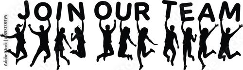 Join our team silhouette people jumping together holding letters, teamwork recruitment concept, hiring motivation banner, collaboration success illustration design