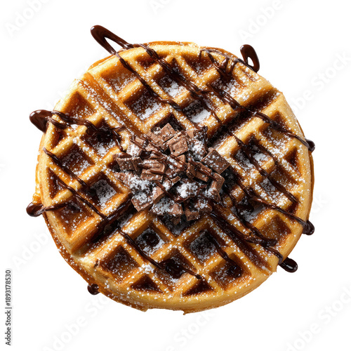 Round waffle with chocolate sauce, sugar, and chopped chocolate on black
