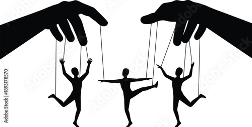 Human marionette manipulation concept illustration, power control influence metaphor, silhouettes puppeteer hands strings psychology leadership abstract social concept art