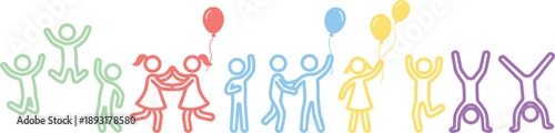 Happy children diversity illustration playful kids holding balloons teamwork friendship inclusion colorful line art celebration community joy concept unity happinessHappy children diversity