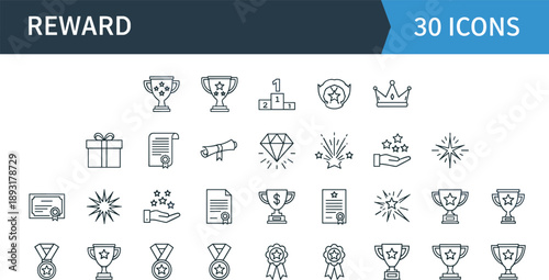 Reward icons set, trophy, medal, certificate, crown, diamond, gift box, podium, achievement, recognition, success, winner, prize, award, celebration, honor, star, champion, victory, accomplishment