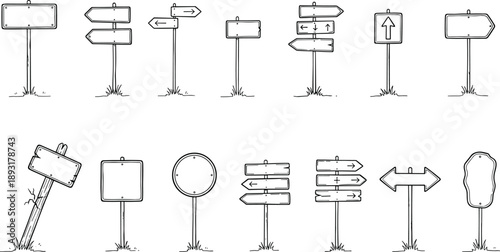 Hand drawn road signpost collection, blank direction signs arrows, vintage doodle traffic signage, navigation symbols, black white vector illustration set
