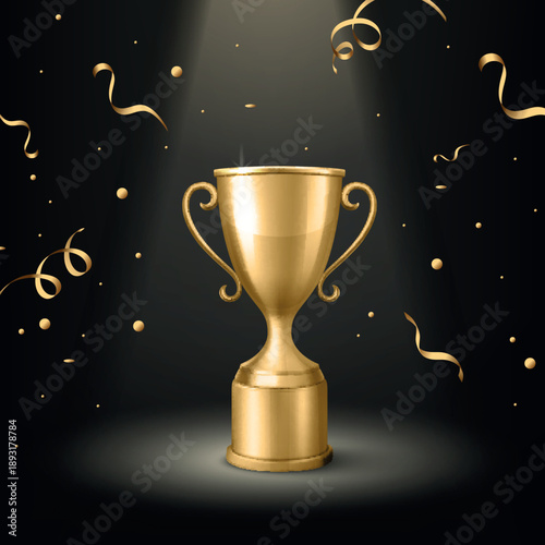 Vector 3d Golden Trophy Cup Award on Black Background with Confetti. Winner Prize for Championship and Success Celebration. Competition, Ceremony, Achievement Concept